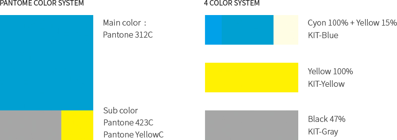 PANTOME COLOR SYSTEM : Main color: Pantone 312C, Sub color Pantone 423C Pantone YellowC, 4 COLOR SYSTEM : Cyon 100% + Yellow 15% (KIT-Blue), Yellow 100% (KIT-Yellow), Black 47% (KIT-Gray)